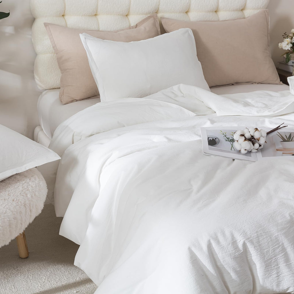 White Comforter Set Full Size, Cotton Fabric with Microfiber Inner Filling 3 Pieces Linen Like Bedding Set, Soft Boho