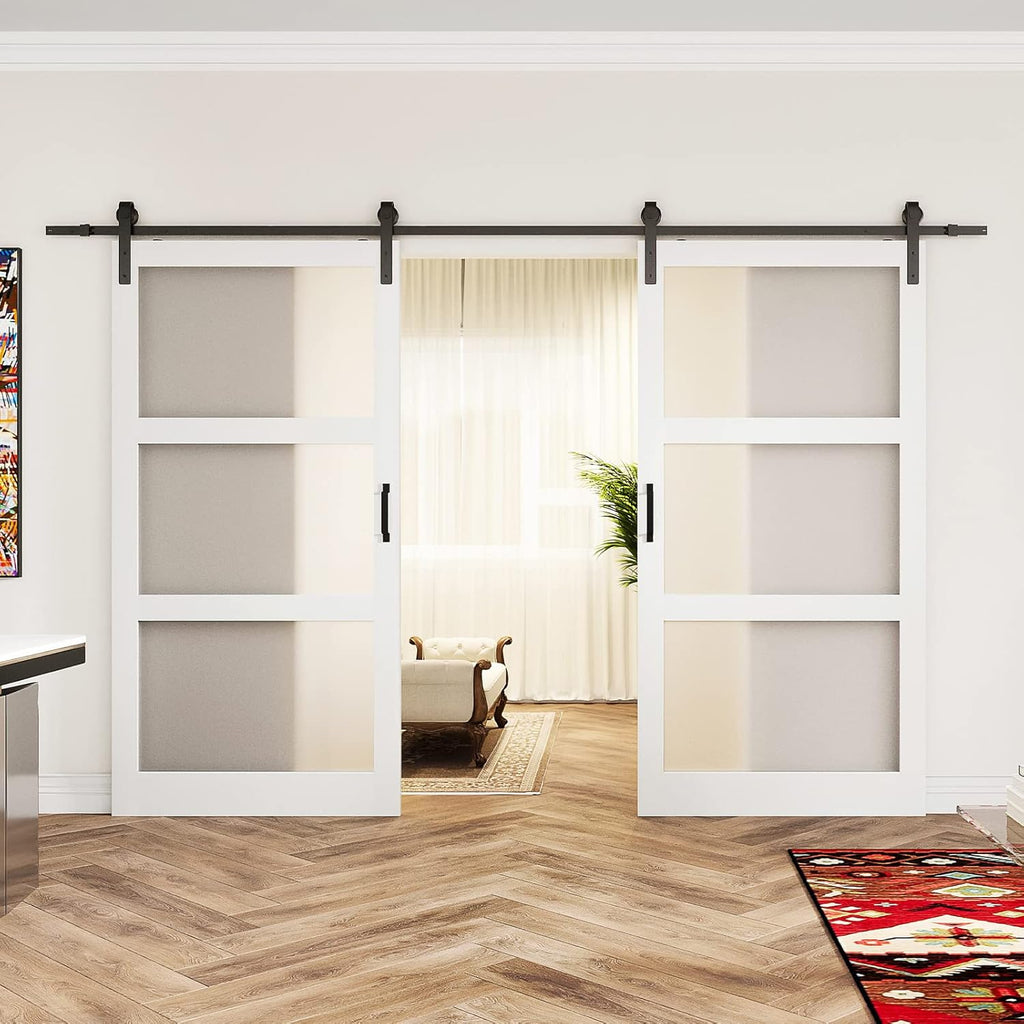 Double Sliding Barn Door,84in(Double 42”×84in Frosted 3 Panel Glass Barn Door,Water-Proof PVC Surfac