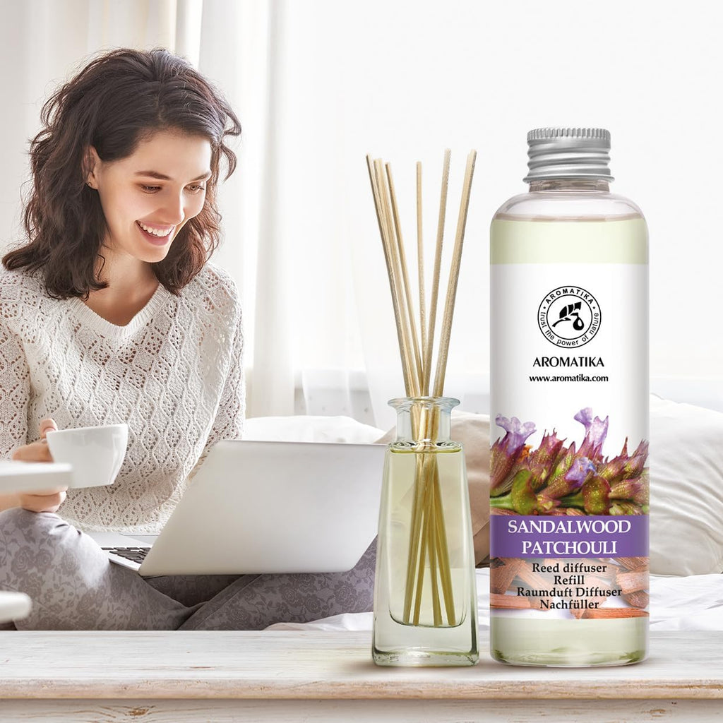 Reed Diffuser Refill Sandalwood & Patchouli 6.4 fl oz - Scented Refill with Essential Oils - Home & Office Fragrance - Set of 68