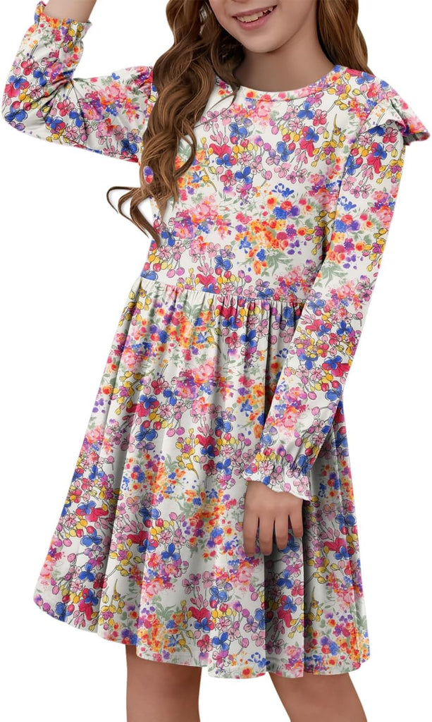 Girls Long Sleeve Dress Casual A Line Ruffle Twirly Skater Dresses