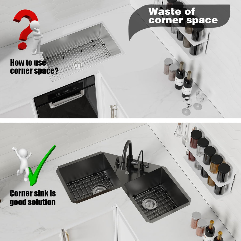 32.5Inch Black Corner Stainless Steel Kitchen Sink, Undermount, Double Bowl