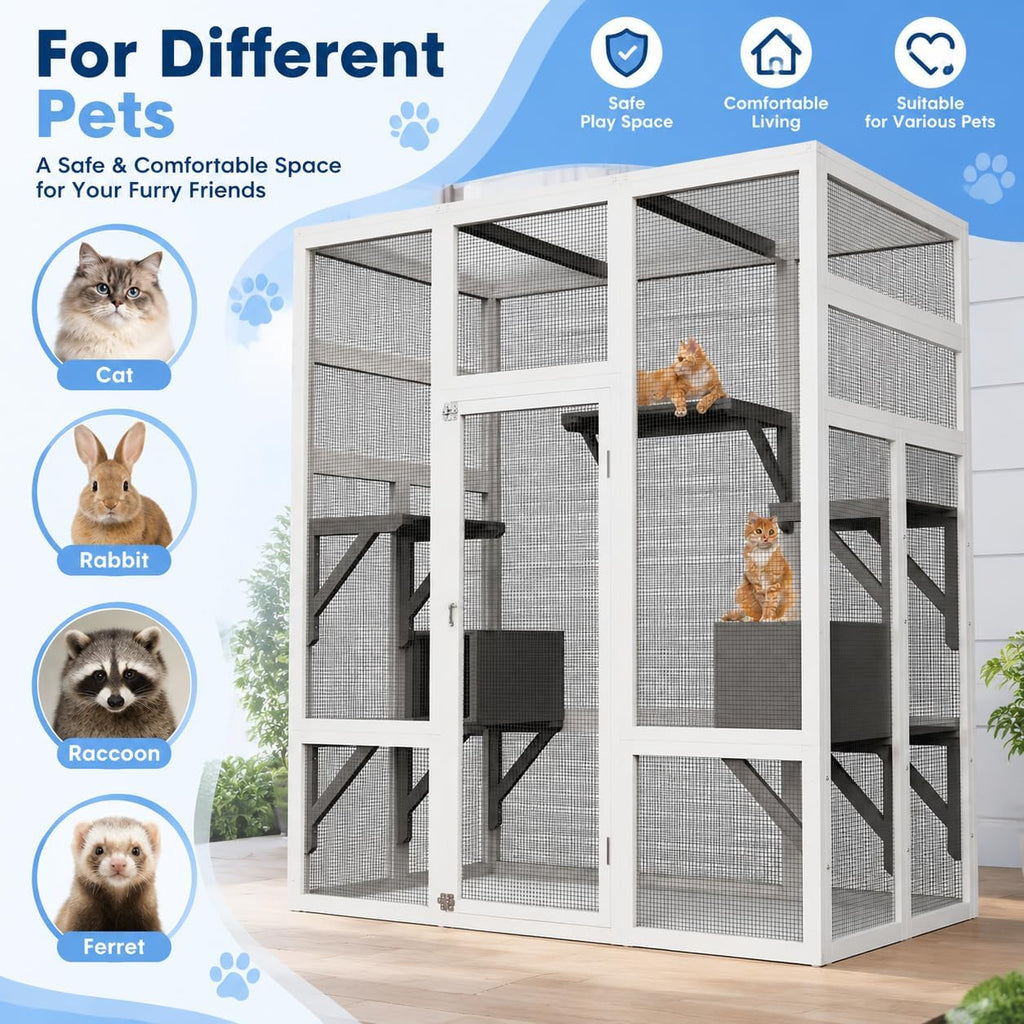 70" Large Catio Cat Enclosure, Wooden Patio Cat House, Gray