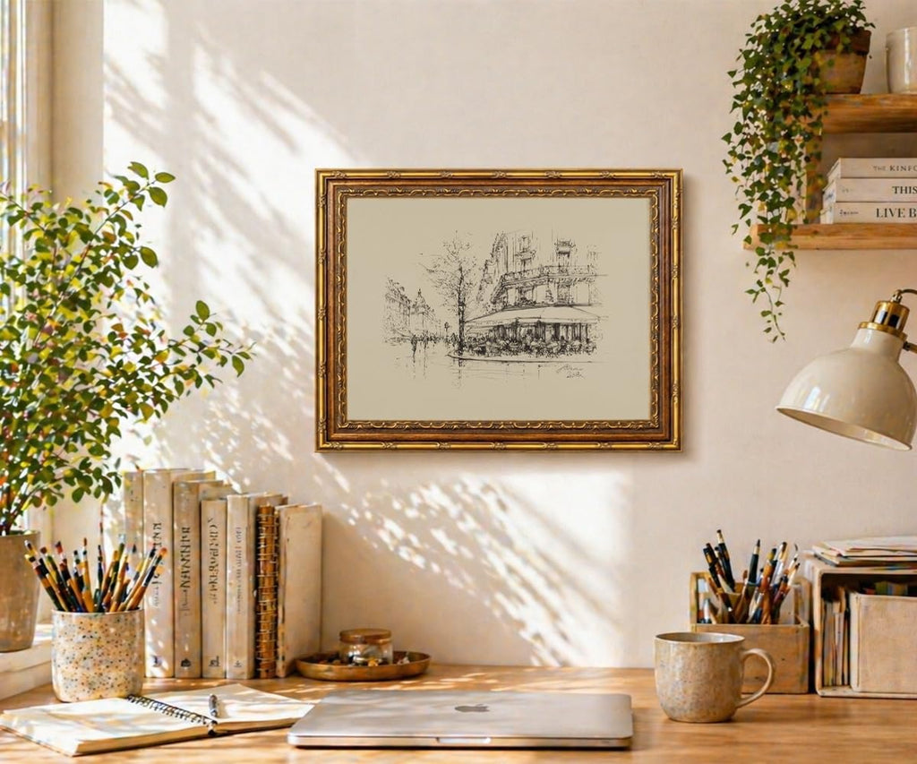 Vintage Paris Cafe Wall Gold Frame, European Cityscape Sketch Print
