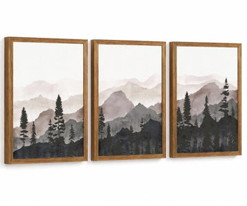 Framed Pine Forest Wall Art Set of 3, Misty Mountain Landscape, 12x16 Inch