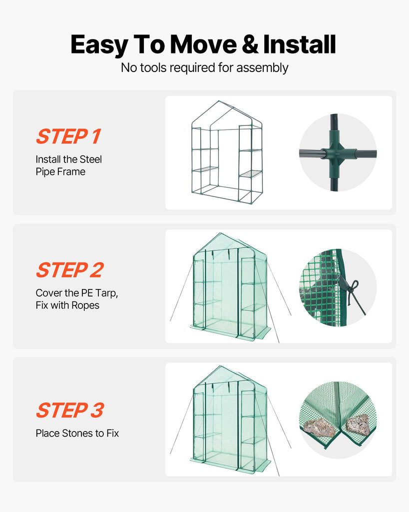 Walk-in Greenhouse, 55.5" x 28.3" x 78.7" Greenhouse for Outdoors with PE Cover, 2 Tiers 4 Shelves, Roll-Up Zipper
