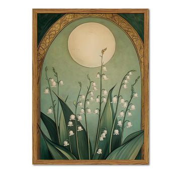 Framed Vintage Lily of the Valley Wall Art, Moody Boho Floral Moon Pictures Wall Decor, Mystical Emerald Green