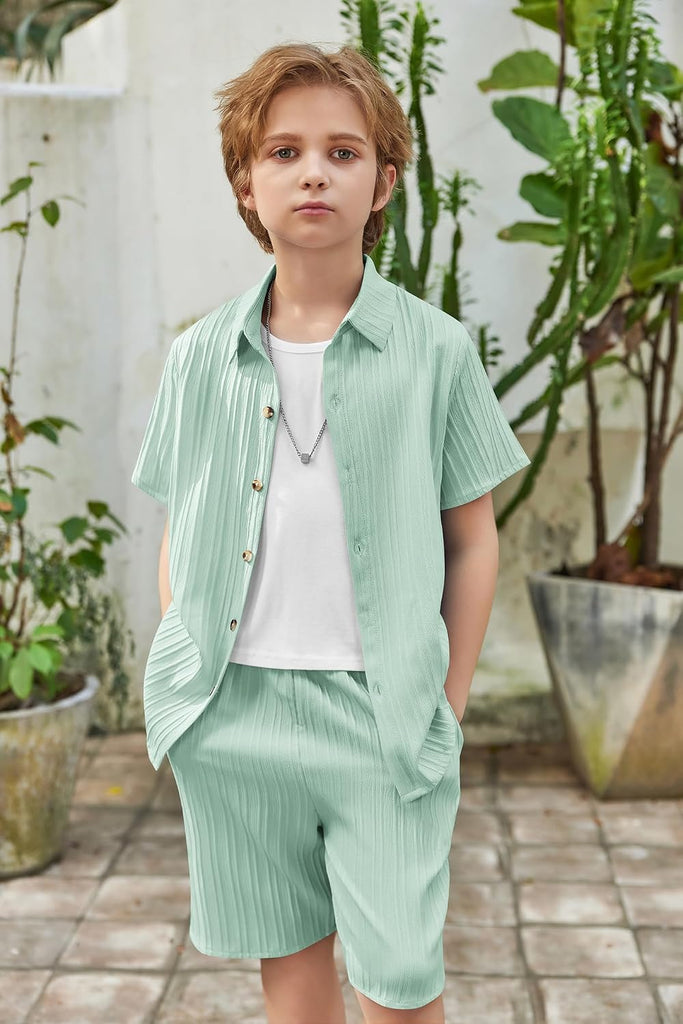 Boys Summer Textured Button Up Shirt & Shorts Set