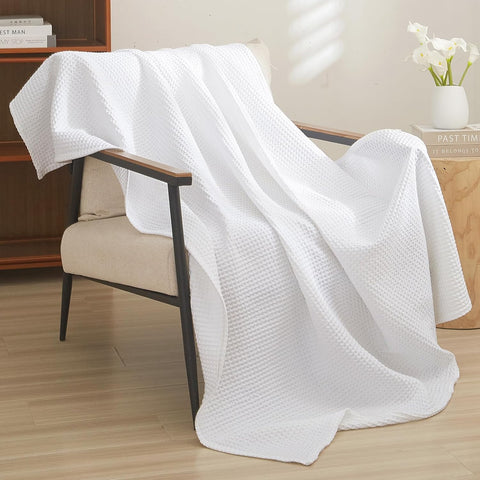 100% Cotton Waffle Weave Throw Blanket 50" x 60"-Lightweight Cozy Washed Soft Breathable Throw Blanket for Adults and