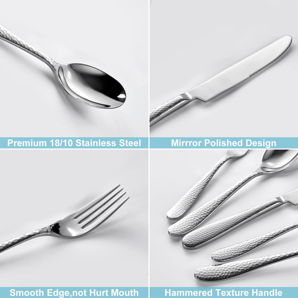 Hammered Silver Silverware Set, 20-Piece 18/10 Stainless Steel Flatware Set For 4, Fancy Cutlery Set Include