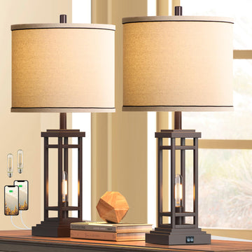 27.5 Tall Farmhouse Table Lamps with USB C + USB A Charge Ports, Rustic Living Room Lamps Set of 2, Black Industrial