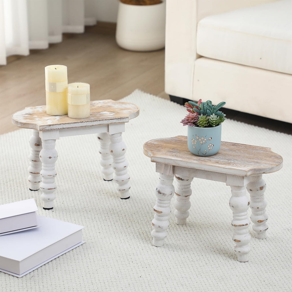 2 Pack Wooden Foot Stool Vintage Farmhouse Small Plant Stand