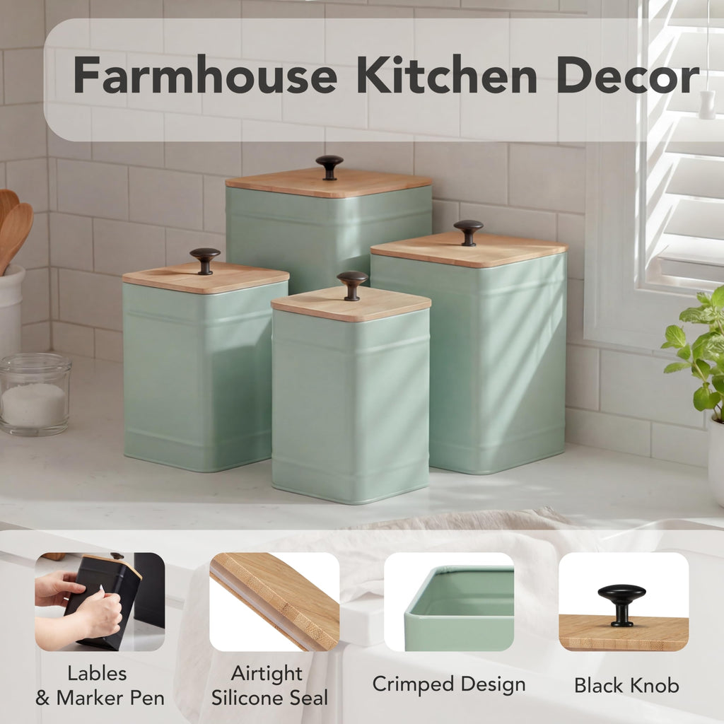 Kitchen Canisters, Airtight Canister Sets of 4 Counter, Sage Green Kitchen Accessories, Coffee Tea Sugar Flour Spice