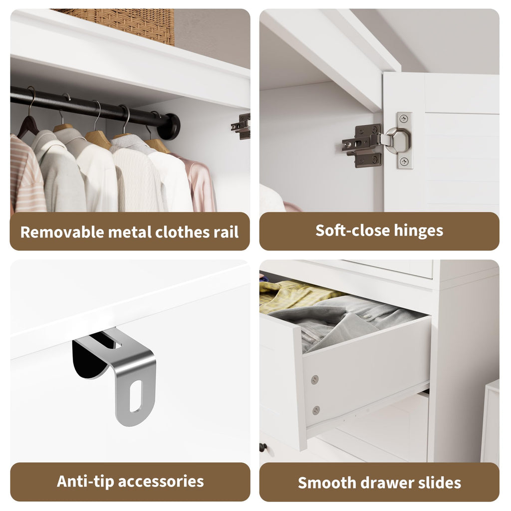 70" Wardrobe Armoire Wooden Closet with 3 Drawers, White