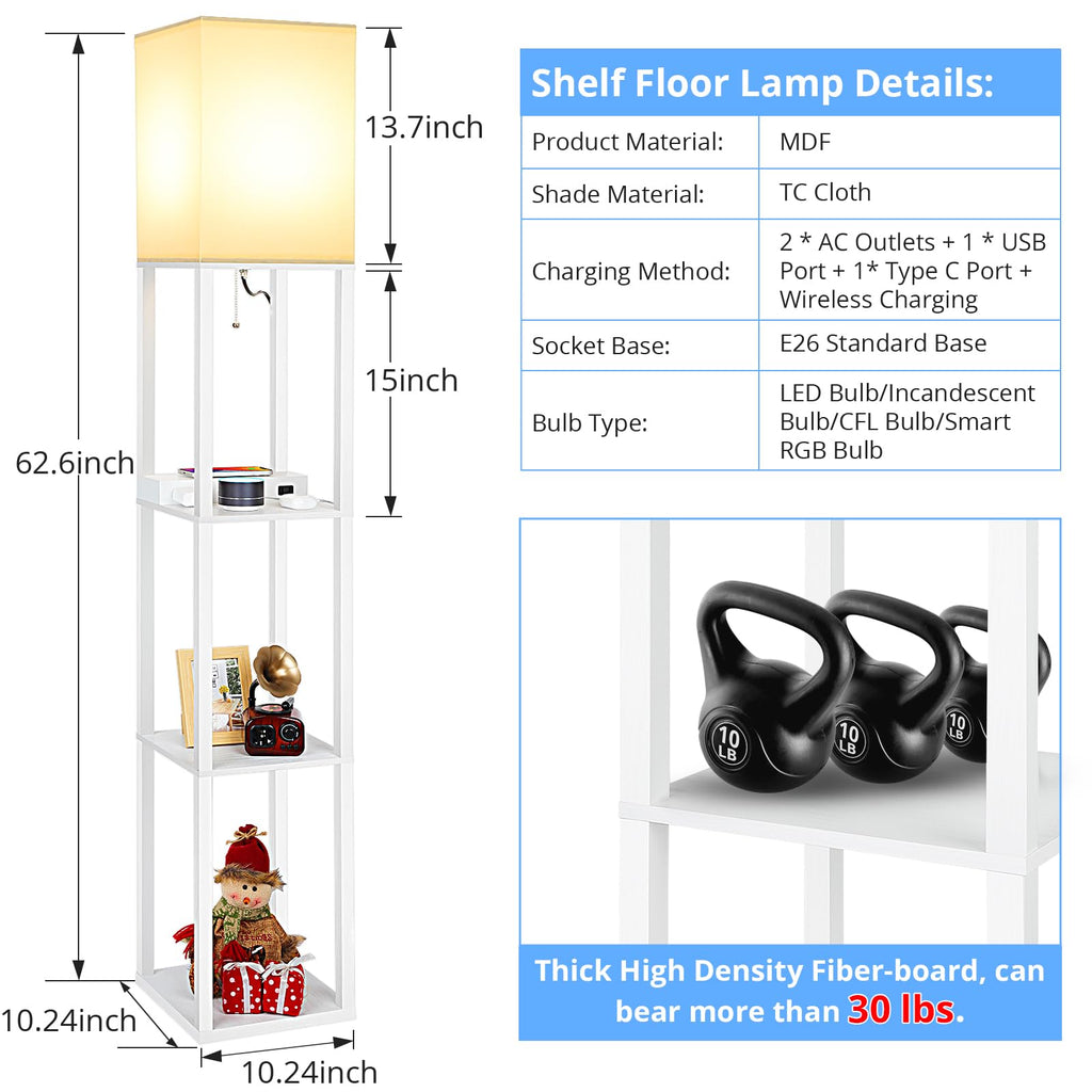 Shelf Floor Lamp with Wireless Charger, USB, Type C, AC Port,White