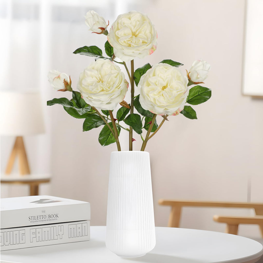 Real Touch Artificial Roses (Set of 3) - 23.6" Long Stem White Garden Roses - Lifelike Faux Silk Flowers for Wedding