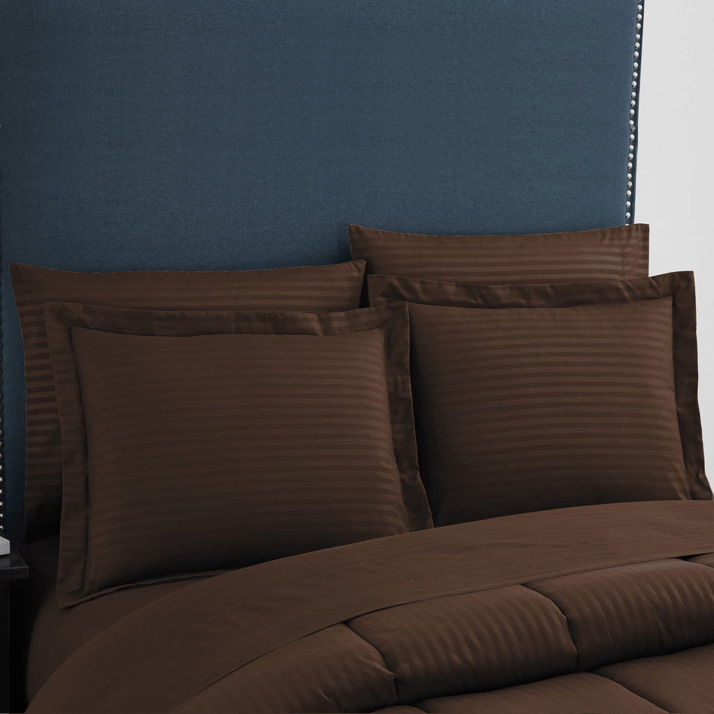 8 Piece Comforter Set Bag with Dobby Stripe Design, Bed Fitted, 1 Flat Sheet, 2 Pillowcases, 2 Shams, Chocolate