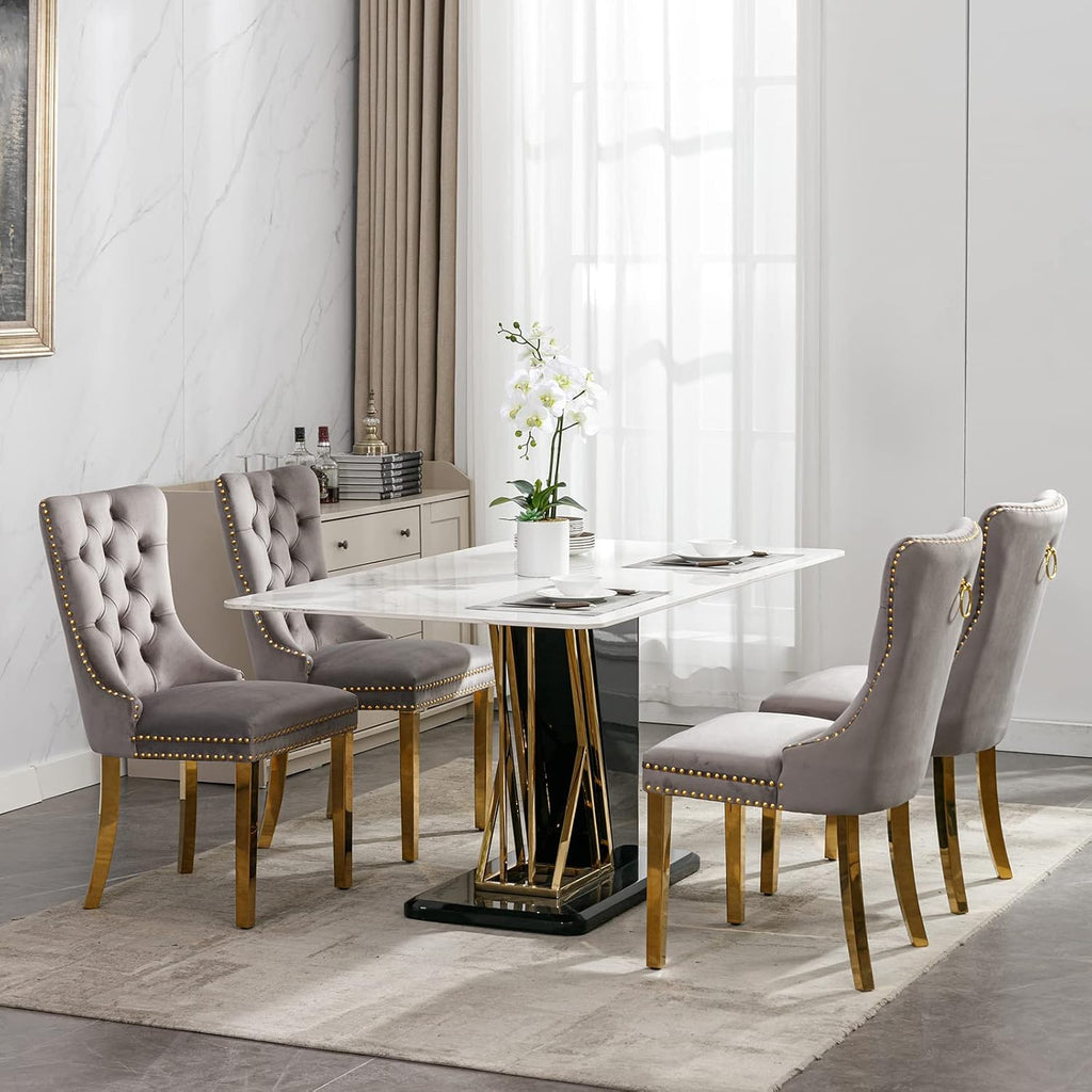 Luxury Upholstered Dining Chairs Set of 4, Grey Kitchen Chair with Golden Metal Legs, Velvet Tufted Back Dining Chair