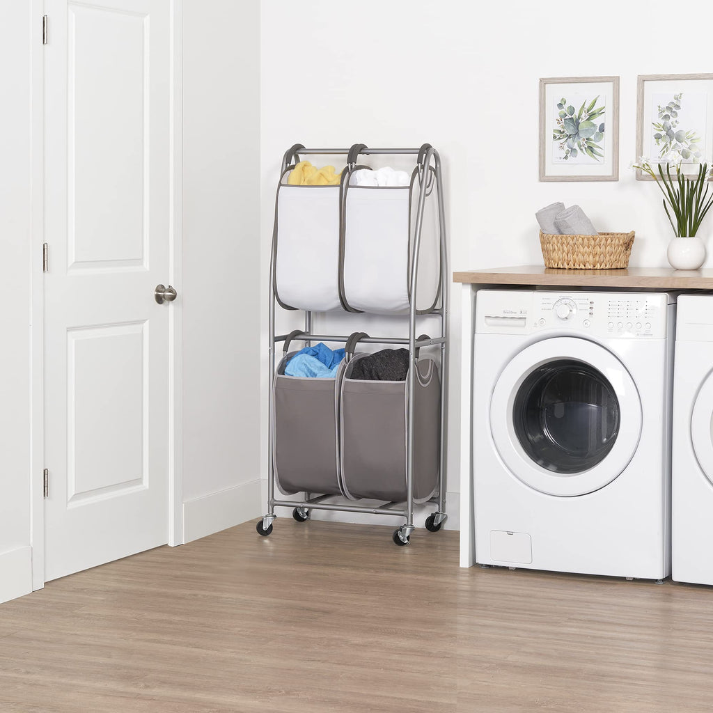 2 Tier Vertical Rolling Laundry Cart - Rolling Storage Cart On Wheels With 4 x Tote Hampers For Laundry, Towels