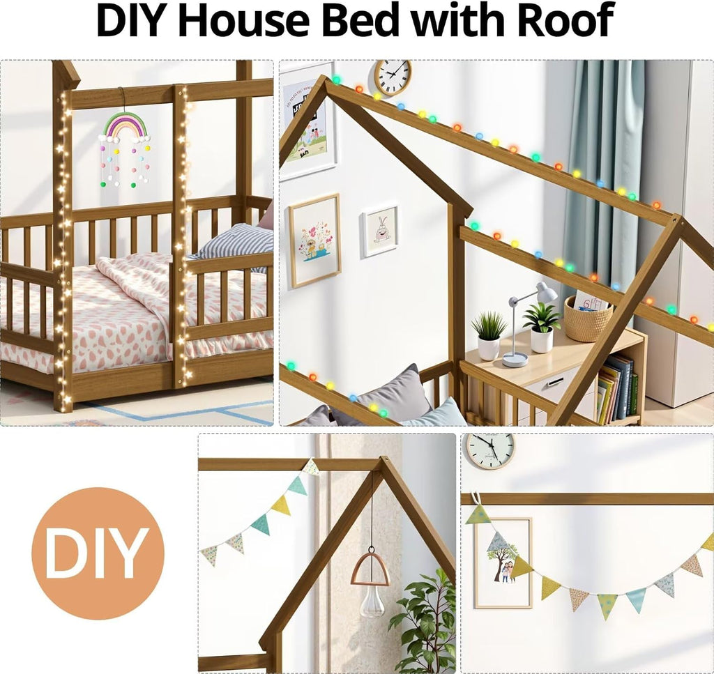 Montessori Floor Bed Frame with Slats and Fence, Wooden House Bed for Boys Girls Bedroom, Light Espresso