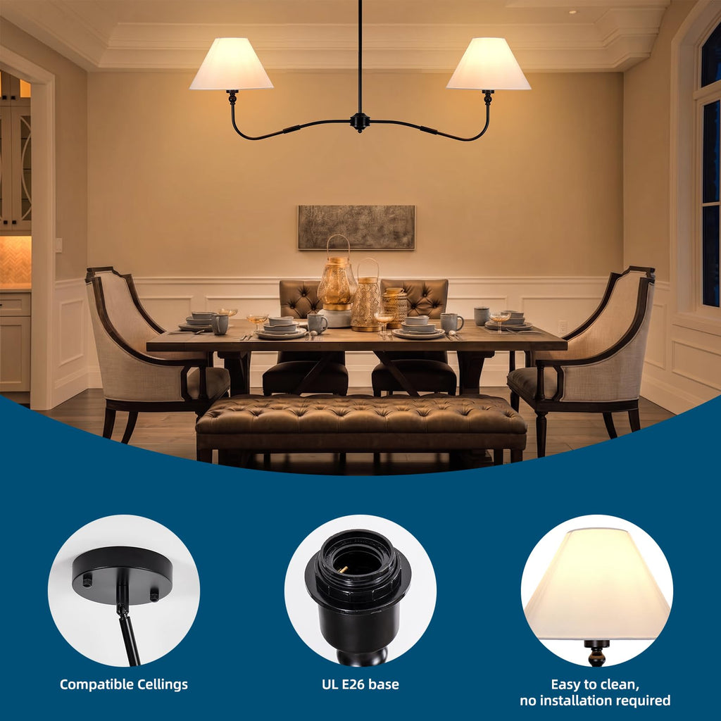 47" Modern Linear Chandelier Island, 2-Light Black Linear Dining Room Light Fixture with White Fabric Shade, Hanging