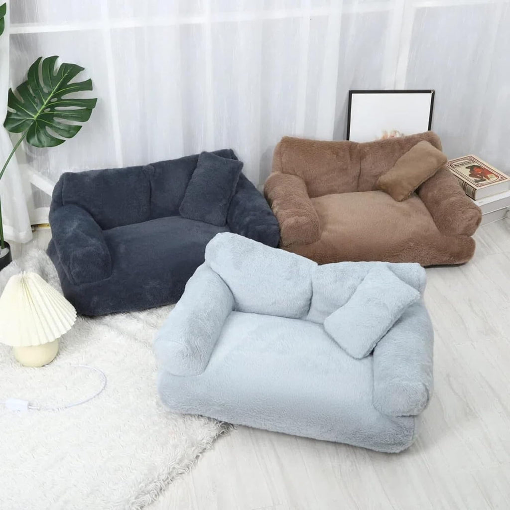 Plush Calming Pet Sofa Bed Fluffy Dog Cat Couch Washable (Khaki, X-Large)