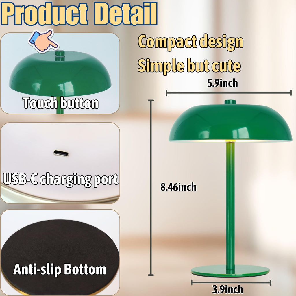 Cordless LED Mushroom Table Lamp, 5200mAh Battery, Dimmable 3 Color, Green