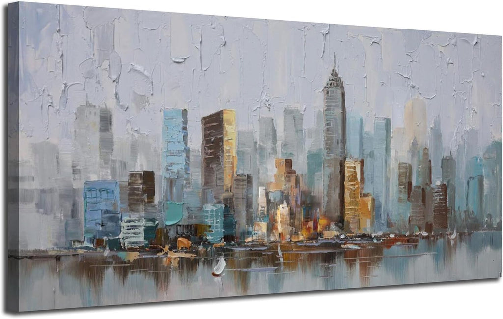Abstract Cityscape Canvas Wall Art New York City Painting Modern Skyline Colorful NYC Grey Blue Picture, Large