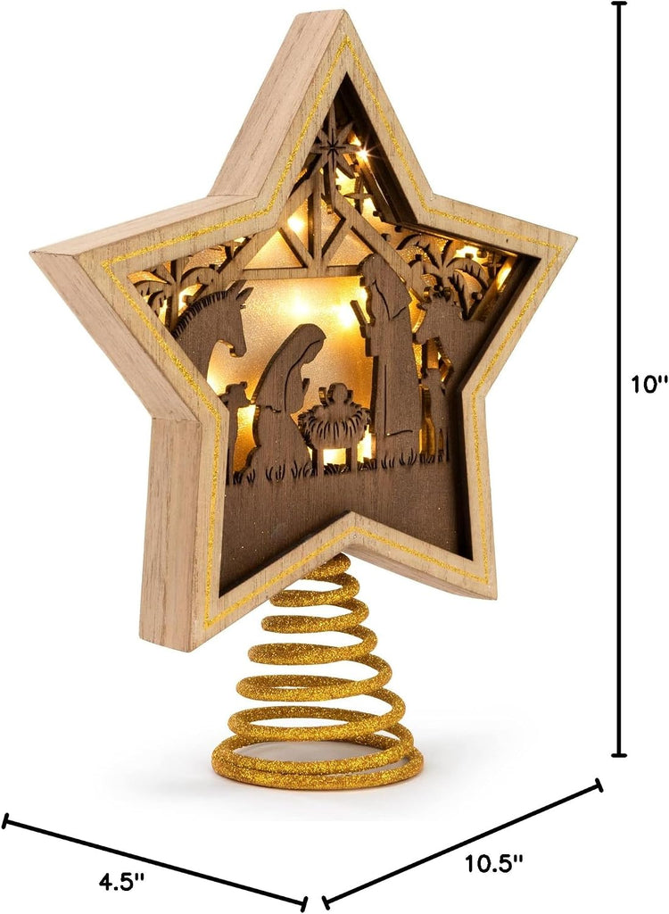 Lit Star Nativity Tree Topper, Gold Wooden Star, 10 x 8.5 in