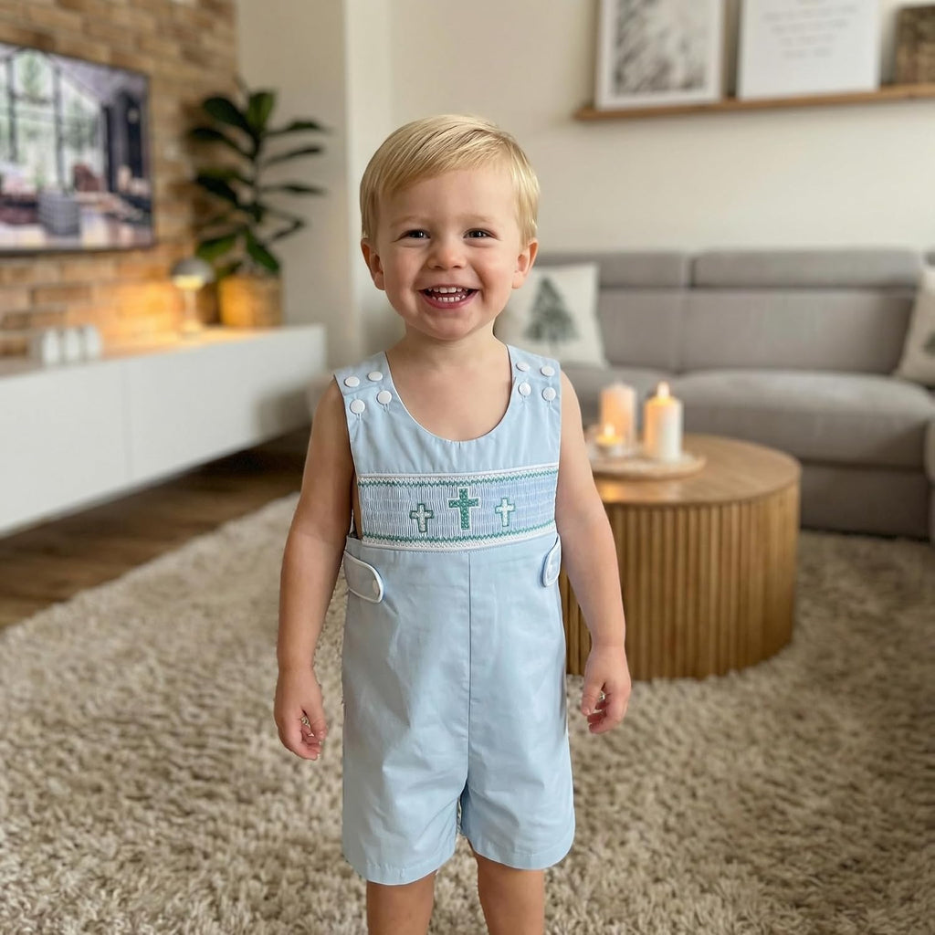 Baby Boys Blue Crosses Smocked Overalls