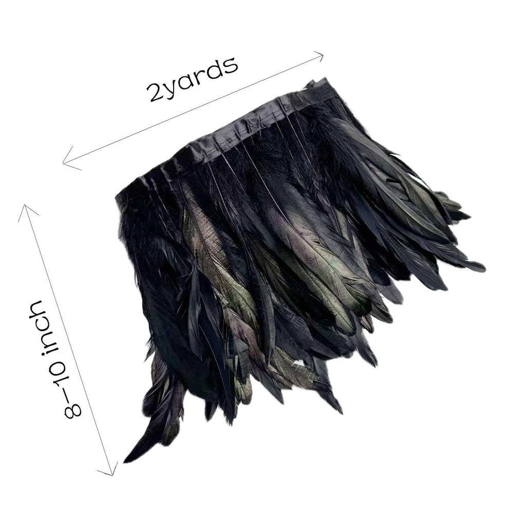 8-10" Rooster Hackle Feather Fringe Trim, Sewing Craft Feather for DIY Decorations-Black - 2 Yards