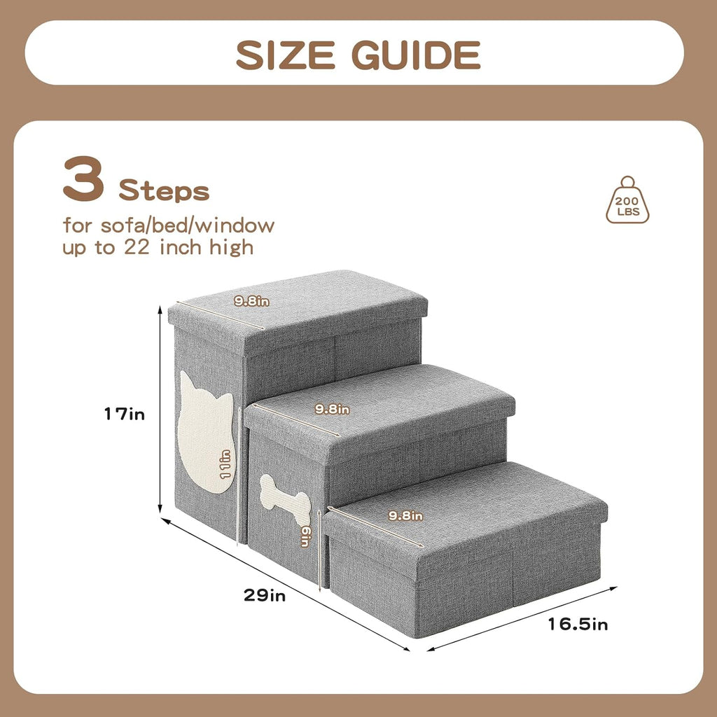 3-Step Dog Stairs for Small Dogs, Folding Dog Steps for Bed, Grey