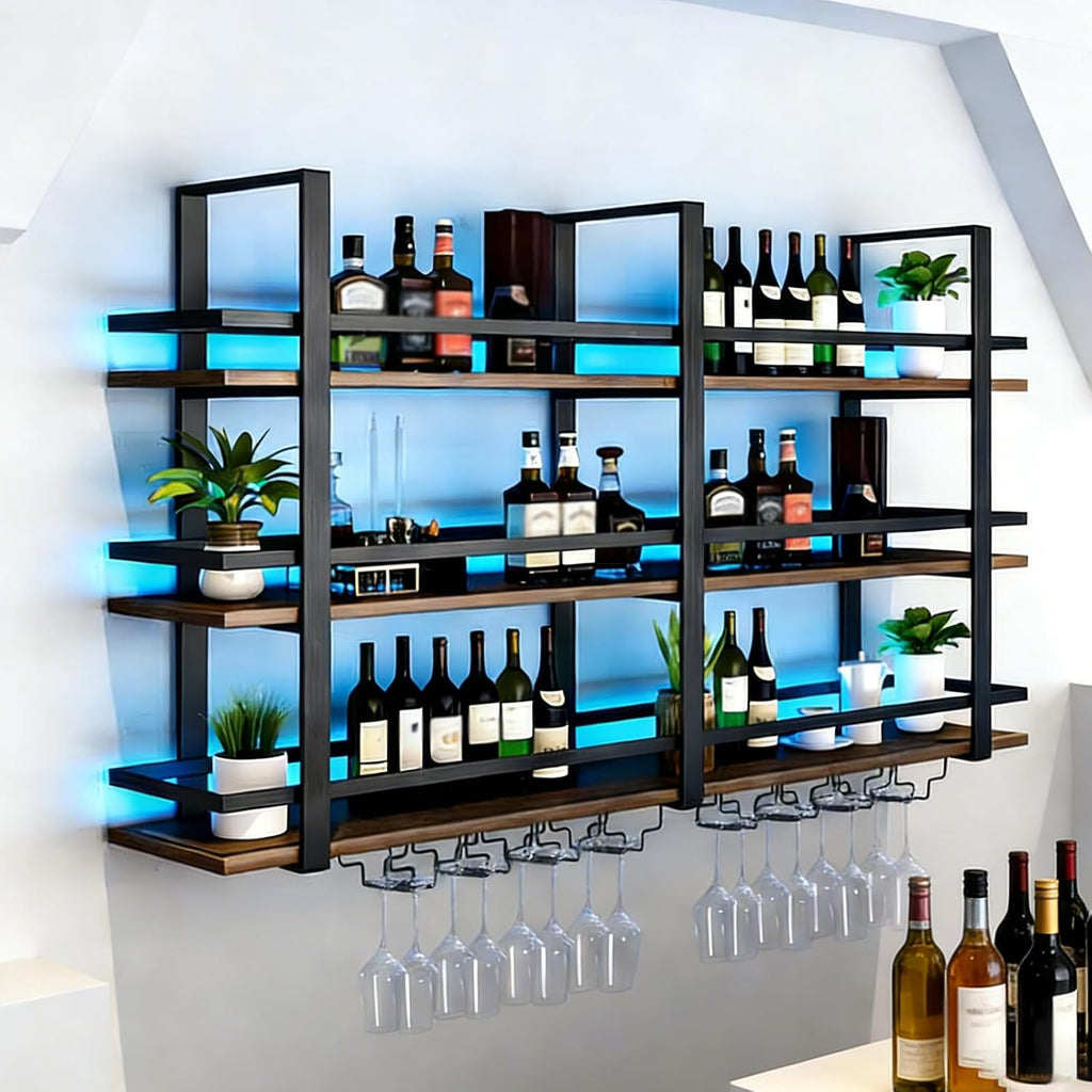 Wine Rack Wall Mounted with LED Lights, 3 Tier Metal Liquor Floating Display Shelves, with Wine Glass Rack, Iron &