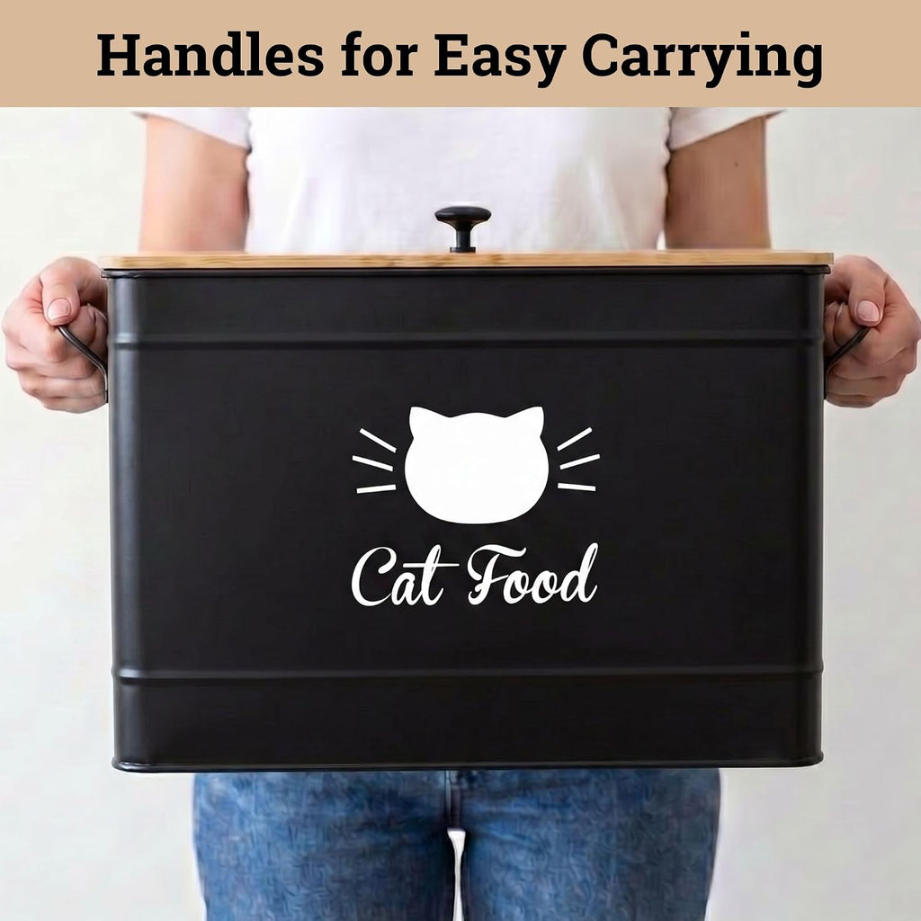 Metal Cat Food Container with Scoop, 15lb (50 Cup) w/ Airtight Bamboo Lid