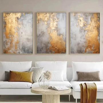 Grey and Gold Abstract Canvas Wall Art Grey Painting Gold Foil Abstract Wall Art for Bedoom Yellow Abstract Painting