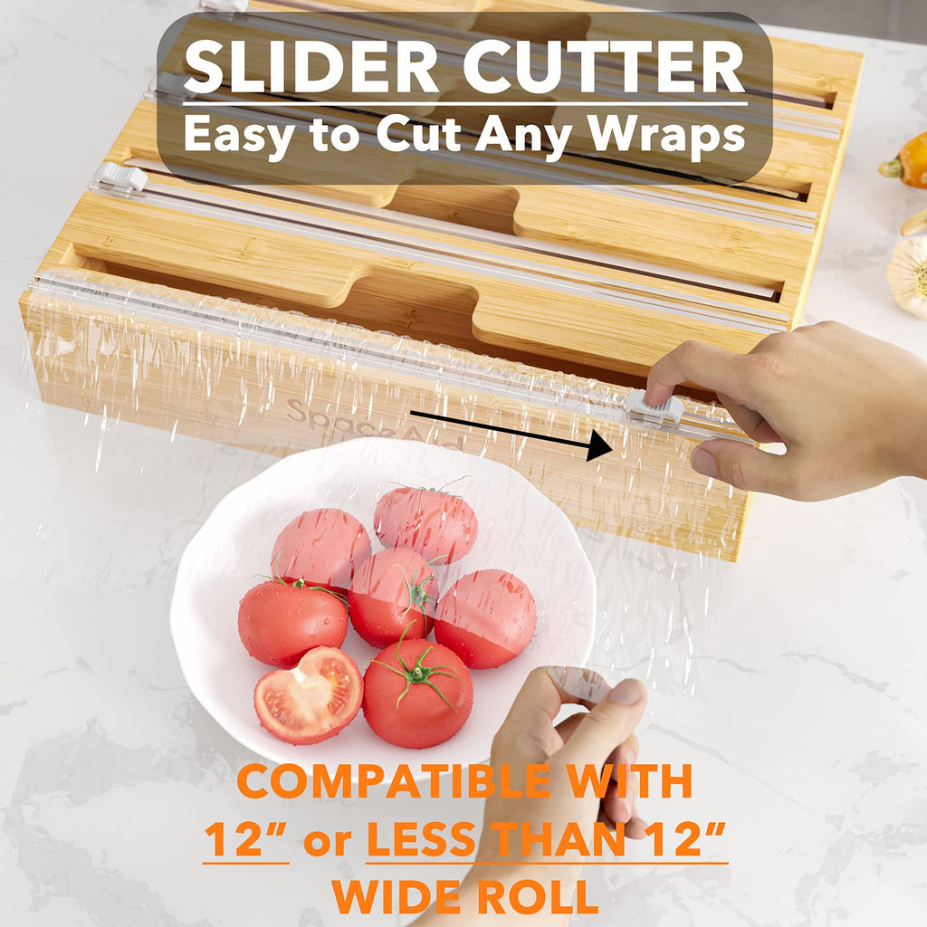 WrapNeat 4 in 1 Wrap Organizer with Cutter and Labels, Plastic Wrap, Aluminum Foil and Wax Bamboo Dispenser Storage