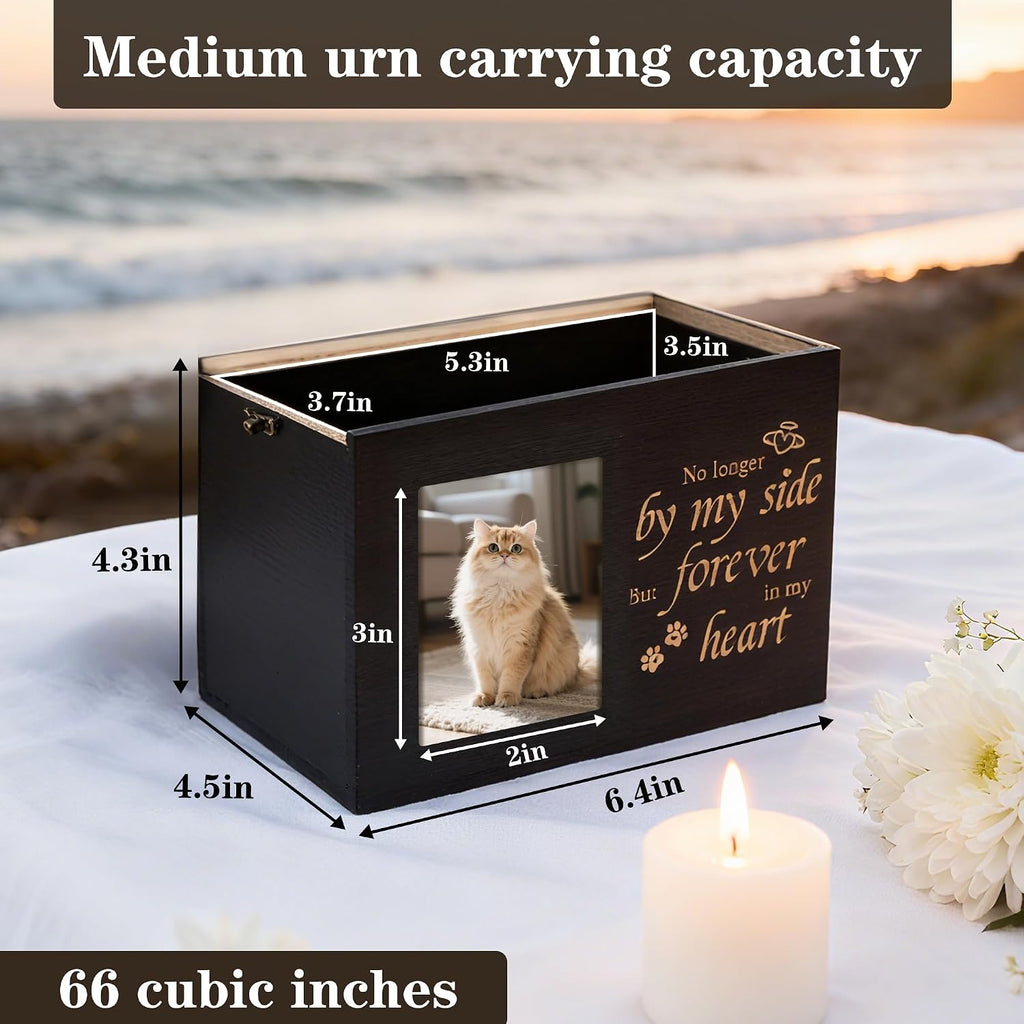 Pet Urns for Cats or Dogs Ashes with Photo Frame, Wooden Memory Box for Keepsakes with Black Flannel as Lining, Cat