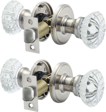 Crystal Door Knobs 2 Pack Glass Doorknobs for Bed Bath Clear Glass Privacy Interior Door Locks Handles (Satin Nickel