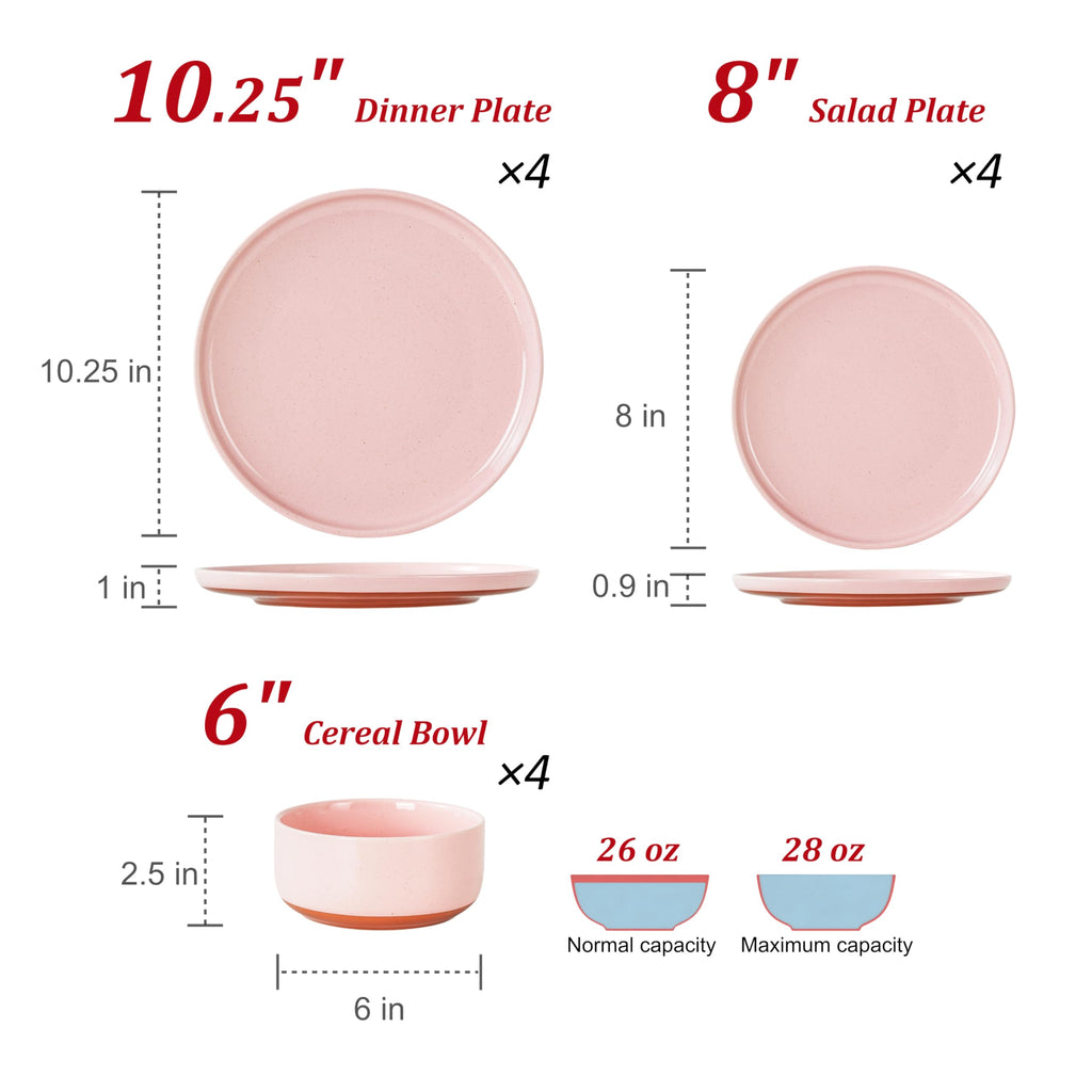 12 Piece Ceramic Plates and Bowls Sets for 4, Elegant Pink