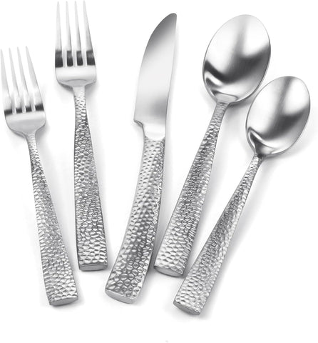 Matte Silver Hammered Flatware Set Stainless Steel Silverware Set 20 Pieces Cutlery Set Service for 4
