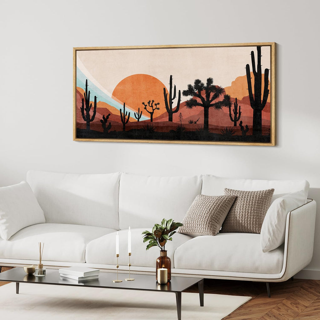 Extra Large Framed Canvas Print Wall Art Desert Sunset with Cacti Nature Wilderness Antique Retro Fine Art