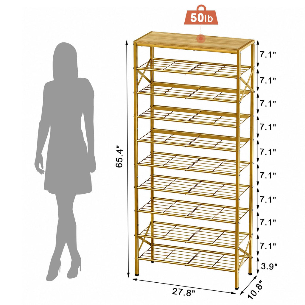 10 Tier Metal Shoe Rack with Wood Top, 30-40 Pairs Gold