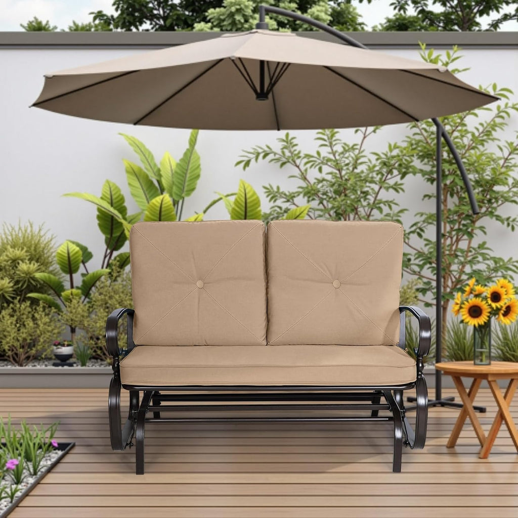 Outdoor Loveseat Patio Swing Glider Bench 2 Seats Rocking Chair, Wrought Iron Chair Set with Brown Cushion