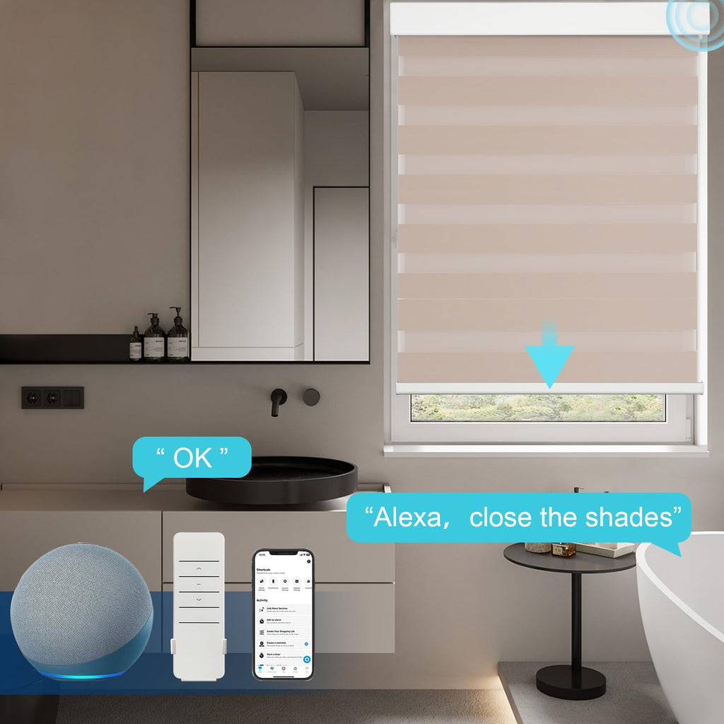 Custom Smart Zebra Blinds Compatible with Alexa, Blackout (85%) Motorized Dual-Layer Zebra Window Shades, Privacy Light