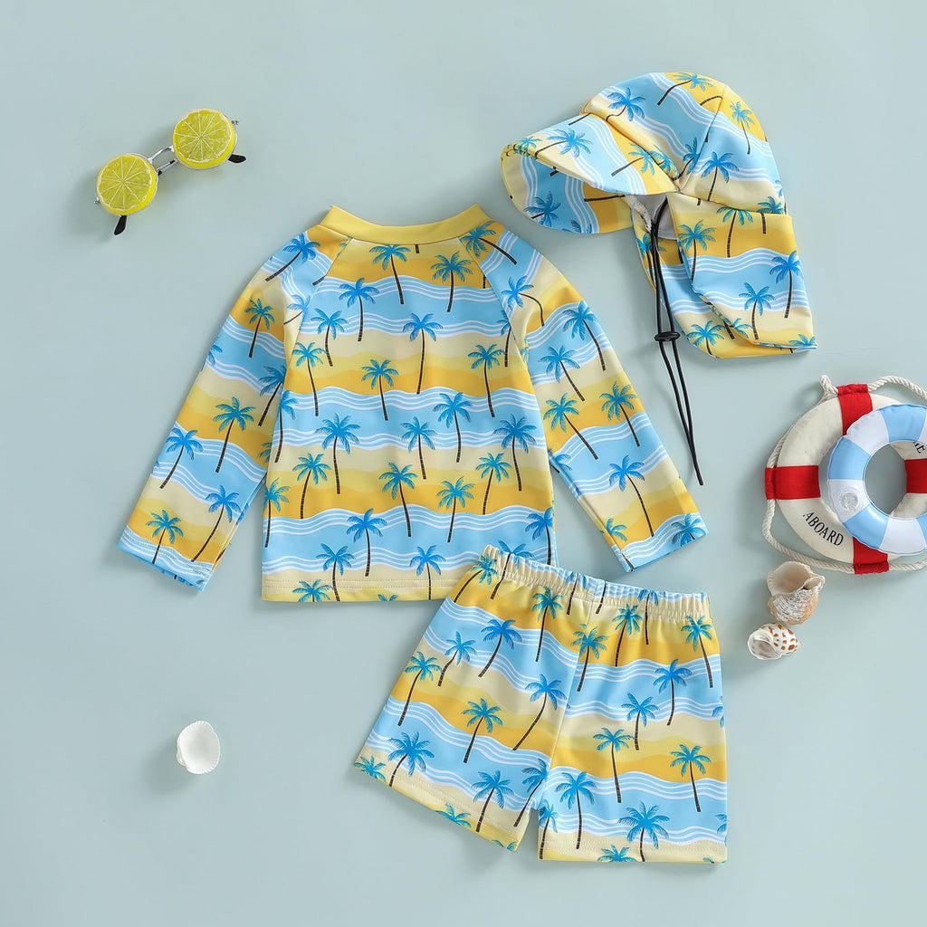 Toddler Baby Boys Swim Set Long Sleeve Rashguard Swimsuit Shirt Trunks Infant Bathing Suit Swimwear with Hat