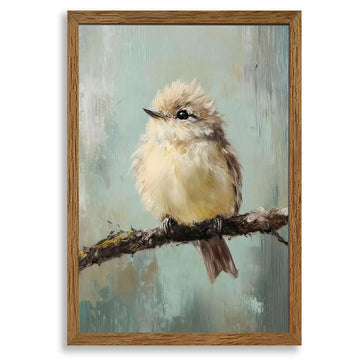 Cute Funny Fluffy Bird on Branch Wall Art Canvas Framed 20x30 inches