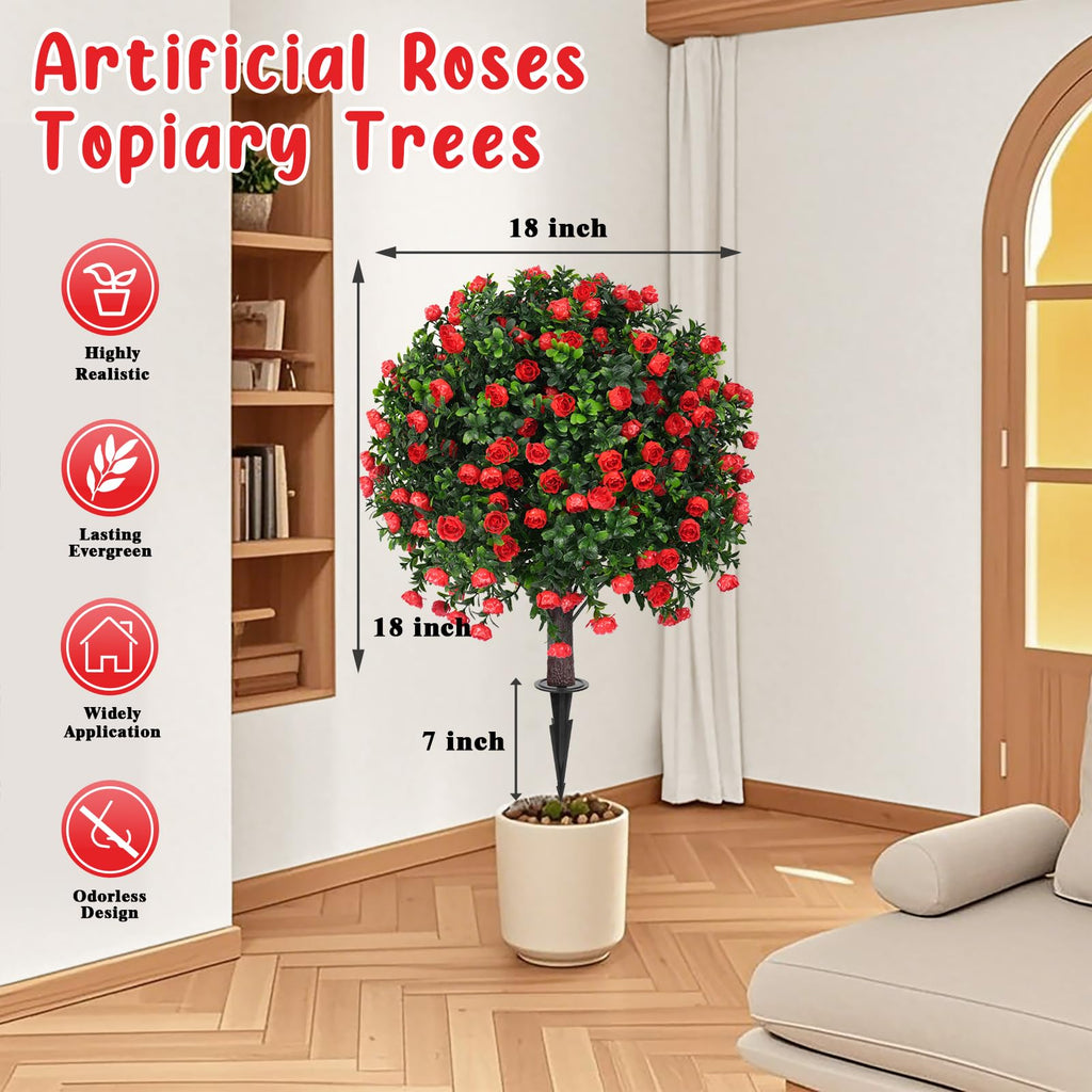 Set of 2 Artificial Boxwood Topiary Trees with Rose for Outdoor