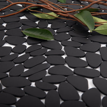 Pebble Tile for Shower Floor, Black Long Oval Pebble Mosaic Backsplash Bathroom Wall and Floor Tile and Outdoor
