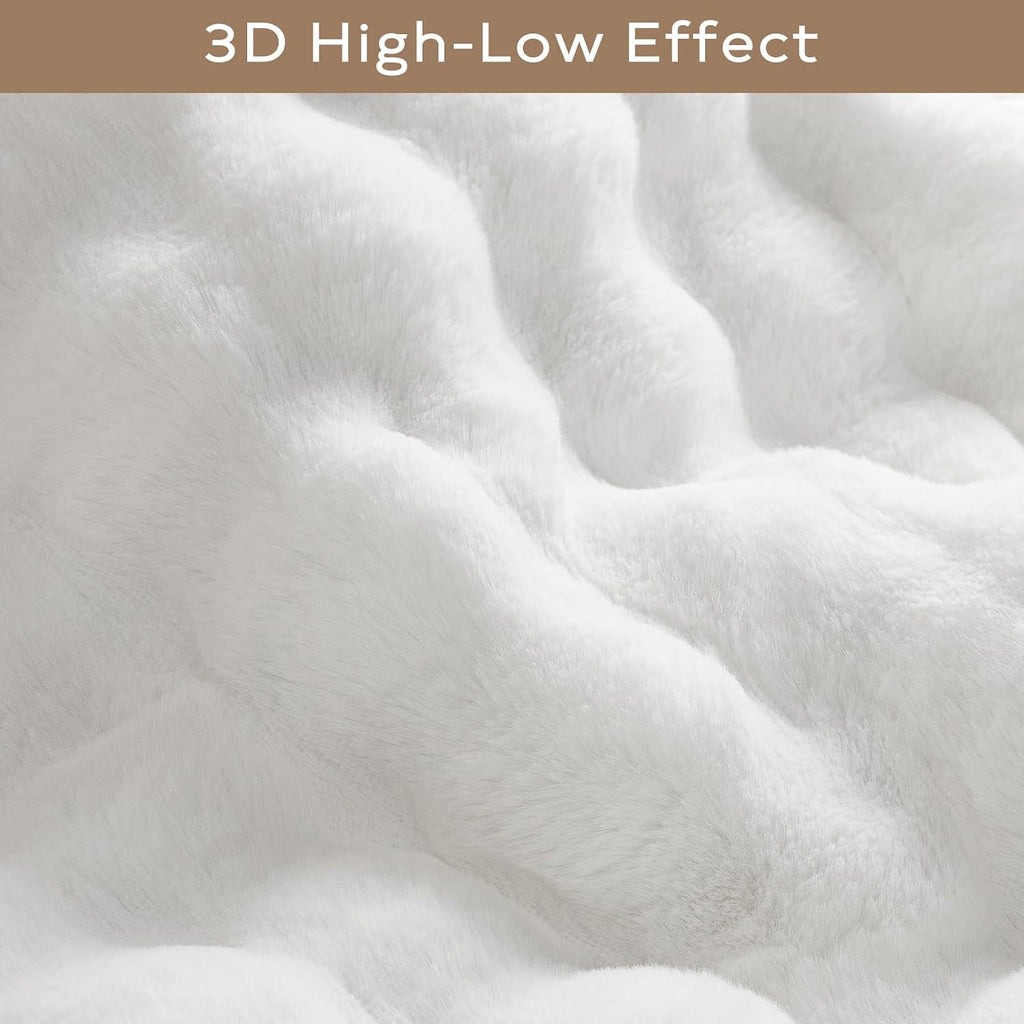 Faux Rabbit Fur Rug, White Fluffy Soft Runner Area Rugs, Rectangle Fuzzy Carpet, Machine Washable - 3D Bubble