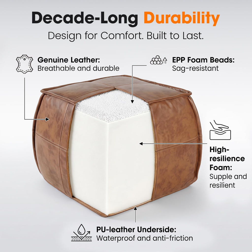 Genuine Leather Square Ottoman, Pouf (Brown, Square)