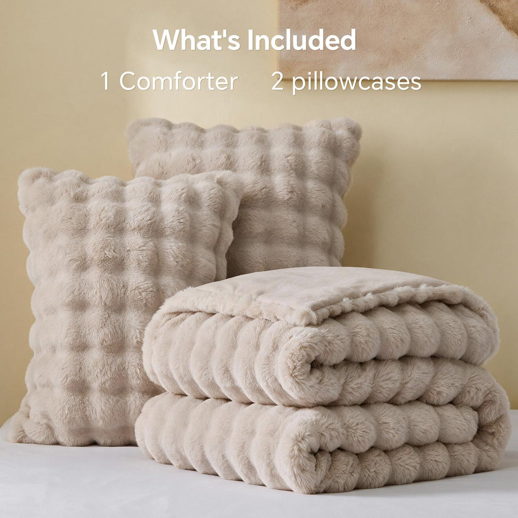 Faux Fur Comforter Set, Thick Winter Comforter, Khaki